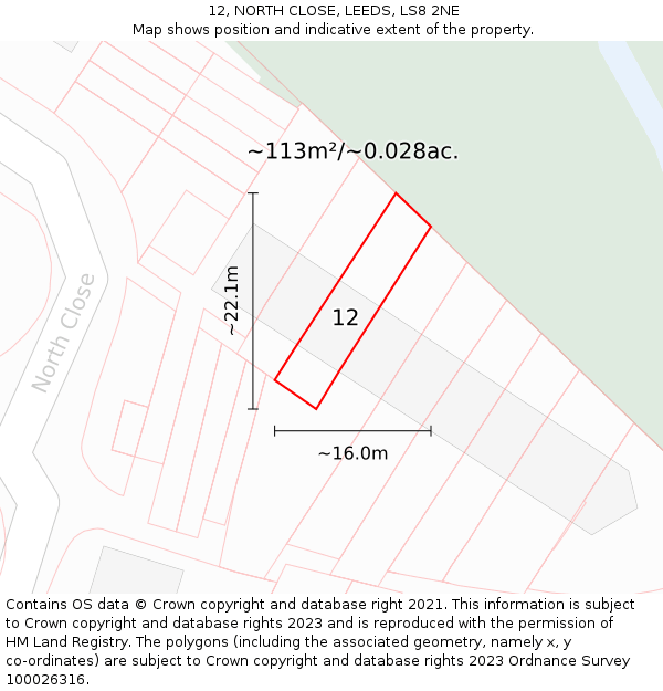 12, NORTH CLOSE, LEEDS, LS8 2NE: Plot and title map