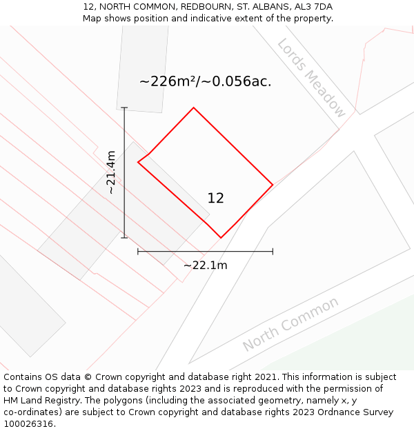 12, NORTH COMMON, REDBOURN, ST ALBANS, AL3 7DA: Plot and title map