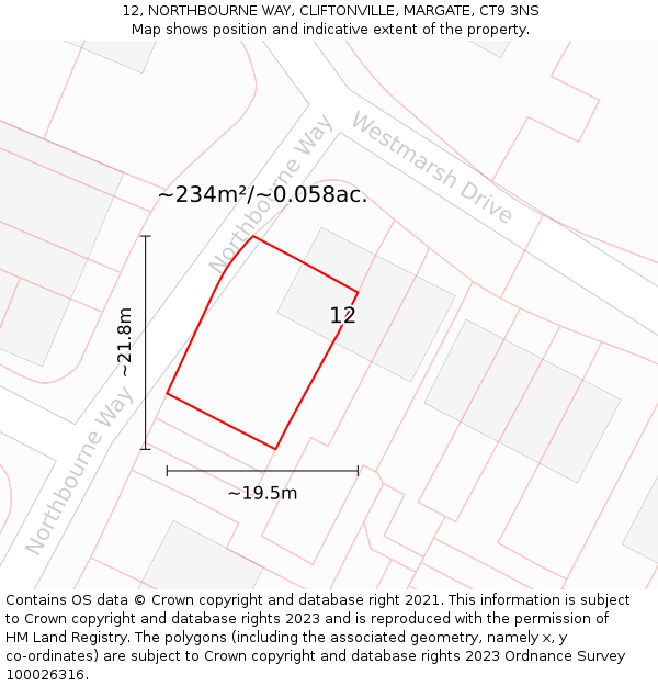 12, NORTHBOURNE WAY, CLIFTONVILLE, MARGATE, CT9 3NS: Plot and title map