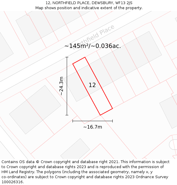 12, NORTHFIELD PLACE, DEWSBURY, WF13 2JS: Plot and title map
