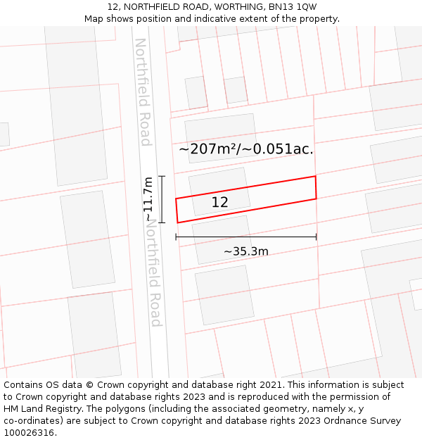 12, NORTHFIELD ROAD, WORTHING, BN13 1QW: Plot and title map