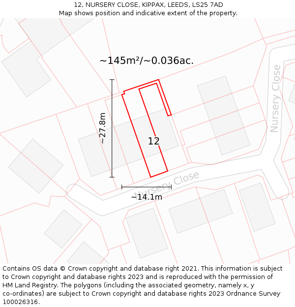 12, NURSERY CLOSE, KIPPAX, LEEDS, LS25 7AD: Plot and title map