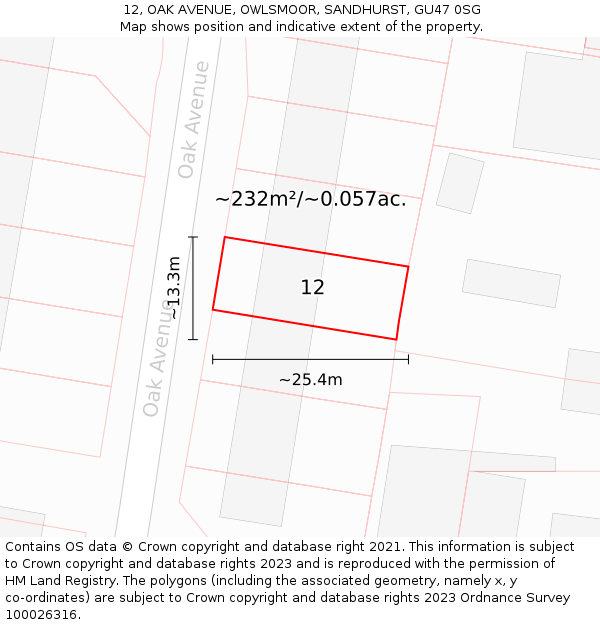 12, OAK AVENUE, OWLSMOOR, SANDHURST, GU47 0SG: Plot and title map