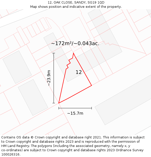 12, OAK CLOSE, SANDY, SG19 1QD: Plot and title map