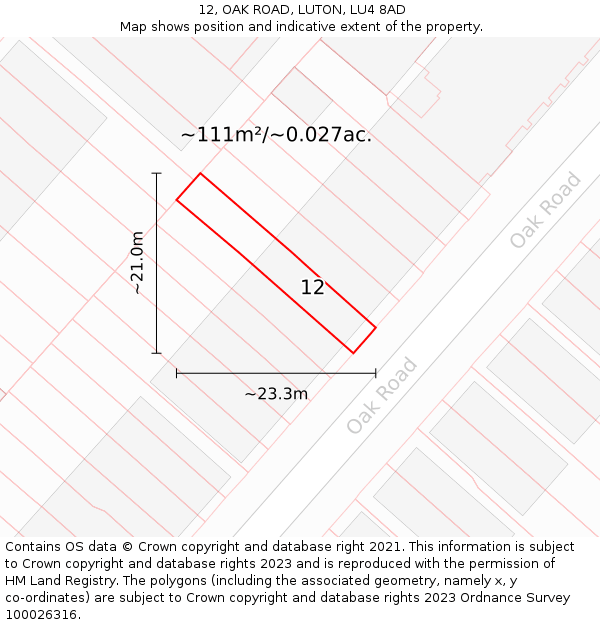 12, OAK ROAD, LUTON, LU4 8AD: Plot and title map