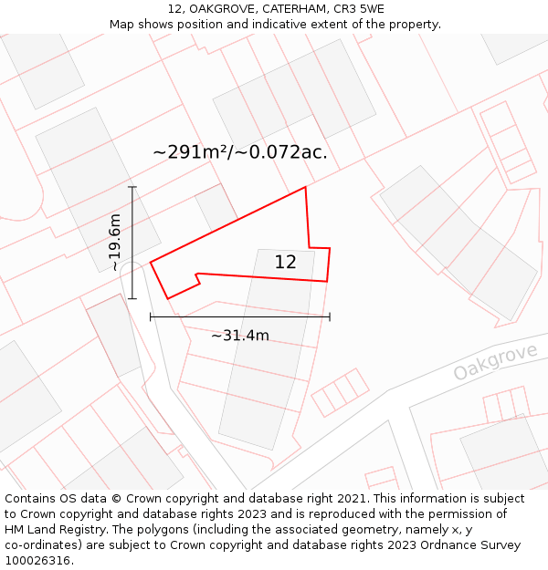 12, OAKGROVE, CATERHAM, CR3 5WE: Plot and title map