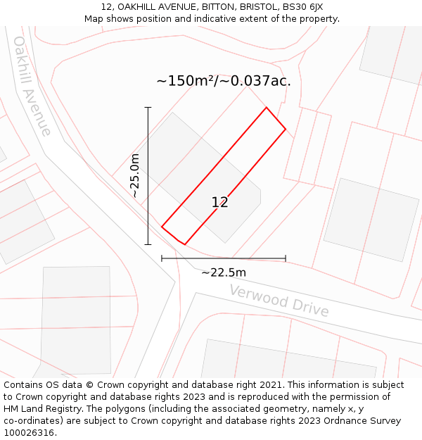 12, OAKHILL AVENUE, BITTON, BRISTOL, BS30 6JX: Plot and title map