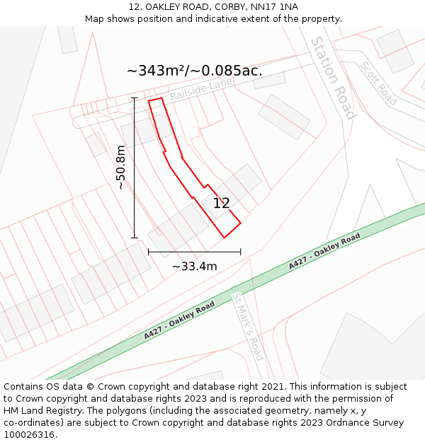 12, OAKLEY ROAD, CORBY, NN17 1NA: Plot and title map