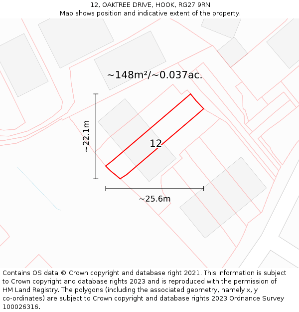 12, OAKTREE DRIVE, HOOK, RG27 9RN: Plot and title map