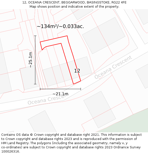 12, OCEANA CRESCENT, BEGGARWOOD, BASINGSTOKE, RG22 4FE: Plot and title map