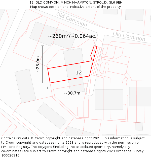 12, OLD COMMON, MINCHINHAMPTON, STROUD, GL6 9EH: Plot and title map
