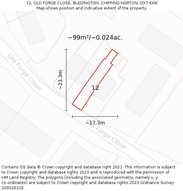 12, OLD FORGE CLOSE, BLEDINGTON, CHIPPING NORTON, OX7 6XW: Plot and title map