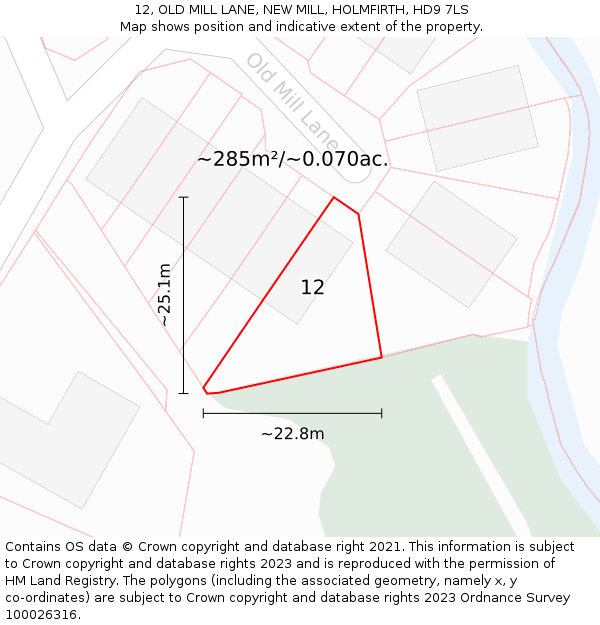 12, OLD MILL LANE, NEW MILL, HOLMFIRTH, HD9 7LS: Plot and title map