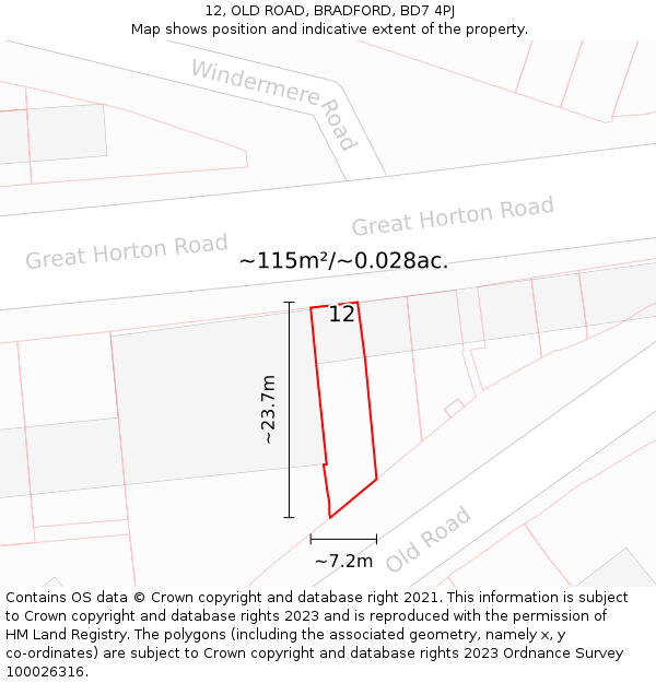 12, OLD ROAD, BRADFORD, BD7 4PJ: Plot and title map