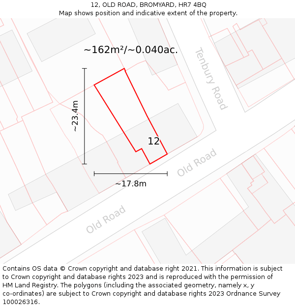 12, OLD ROAD, BROMYARD, HR7 4BQ: Plot and title map