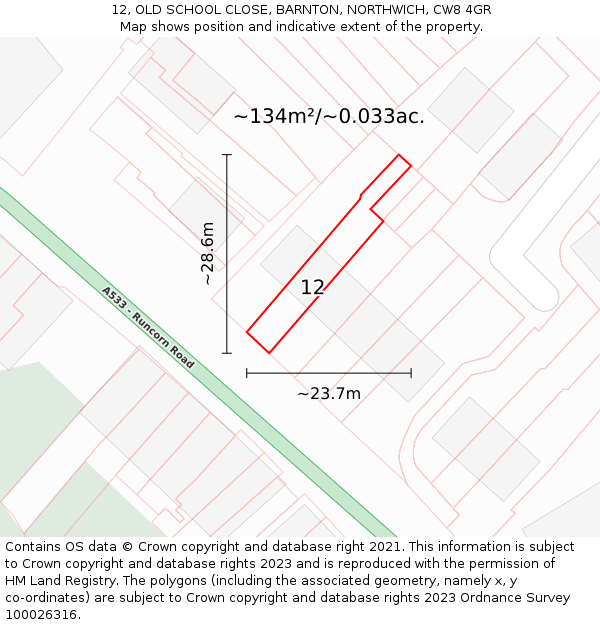 12, OLD SCHOOL CLOSE, BARNTON, NORTHWICH, CW8 4GR: Plot and title map