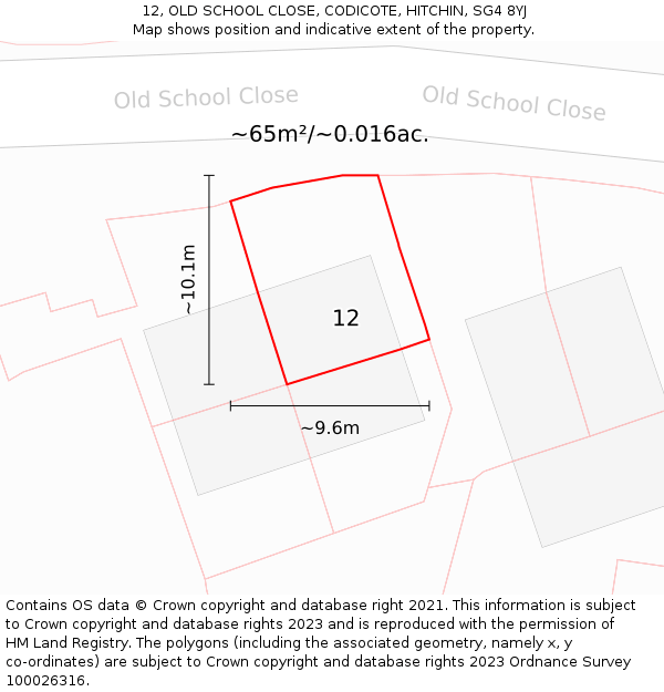 12, OLD SCHOOL CLOSE, CODICOTE, HITCHIN, SG4 8YJ: Plot and title map