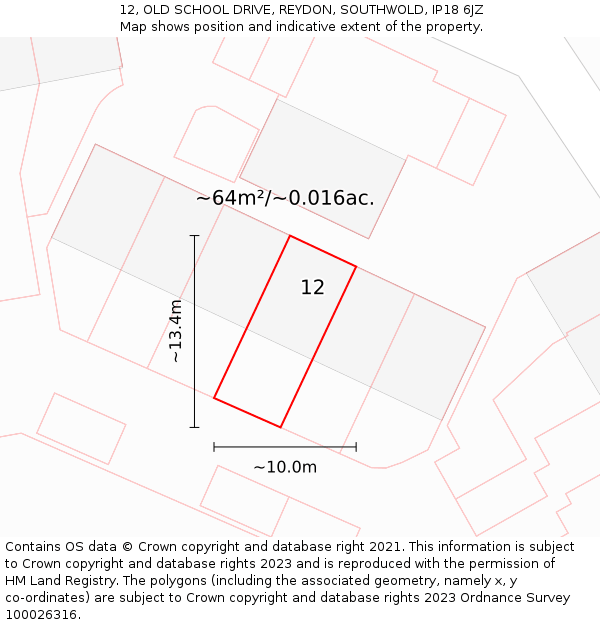 12, OLD SCHOOL DRIVE, REYDON, SOUTHWOLD, IP18 6JZ: Plot and title map