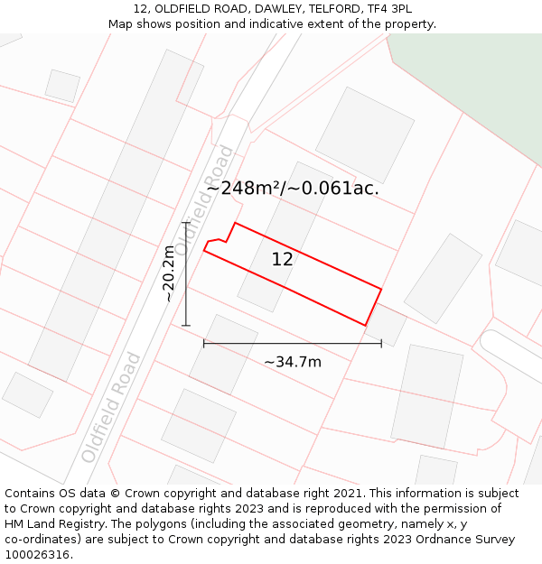 12, OLDFIELD ROAD, DAWLEY, TELFORD, TF4 3PL: Plot and title map