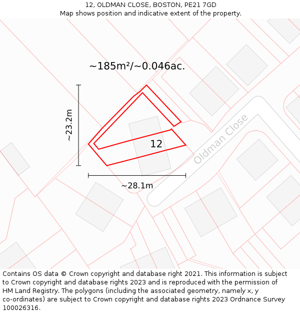 12, OLDMAN CLOSE, BOSTON, PE21 7GD: Plot and title map