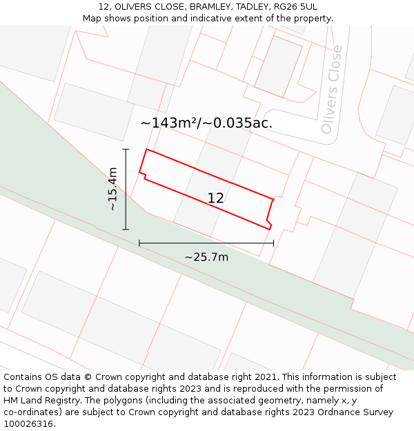 12, OLIVERS CLOSE, BRAMLEY, TADLEY, RG26 5UL: Plot and title map