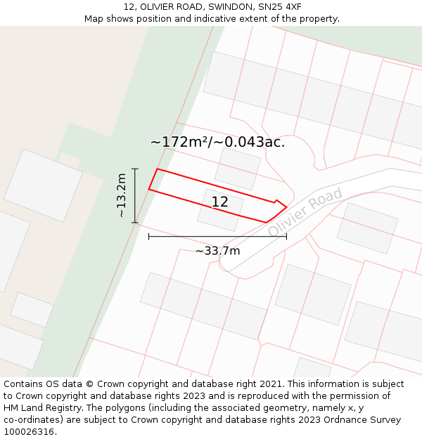 12, OLIVIER ROAD, SWINDON, SN25 4XF: Plot and title map