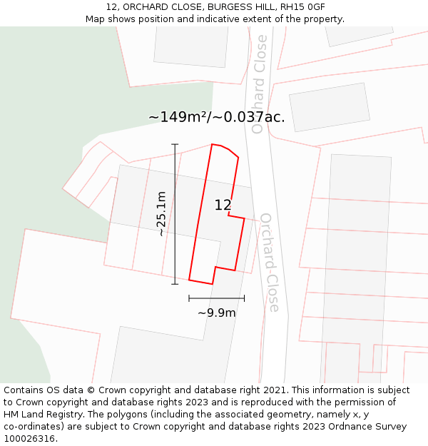 12, ORCHARD CLOSE, BURGESS HILL, RH15 0GF: Plot and title map