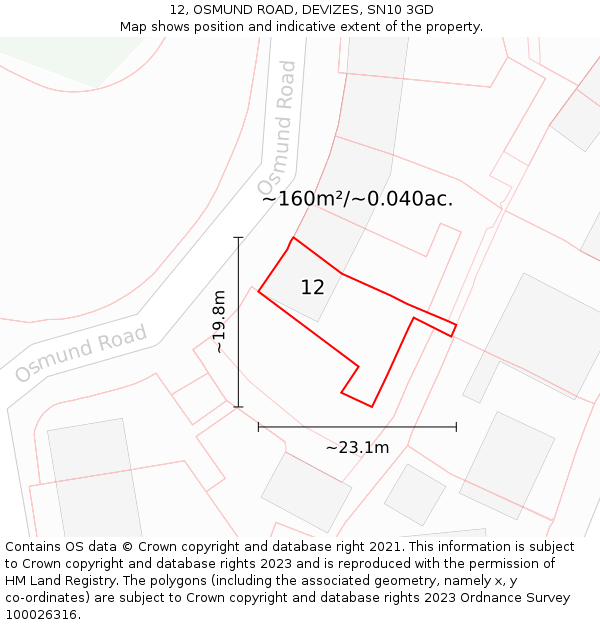 12, OSMUND ROAD, DEVIZES, SN10 3GD: Plot and title map