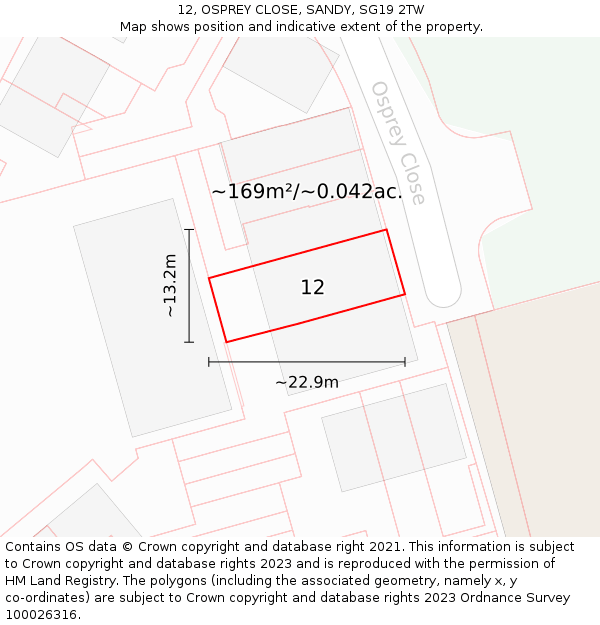 12, OSPREY CLOSE, SANDY, SG19 2TW: Plot and title map
