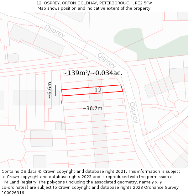 12, OSPREY, ORTON GOLDHAY, PETERBOROUGH, PE2 5FW: Plot and title map