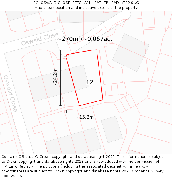 12, OSWALD CLOSE, FETCHAM, LEATHERHEAD, KT22 9UG: Plot and title map