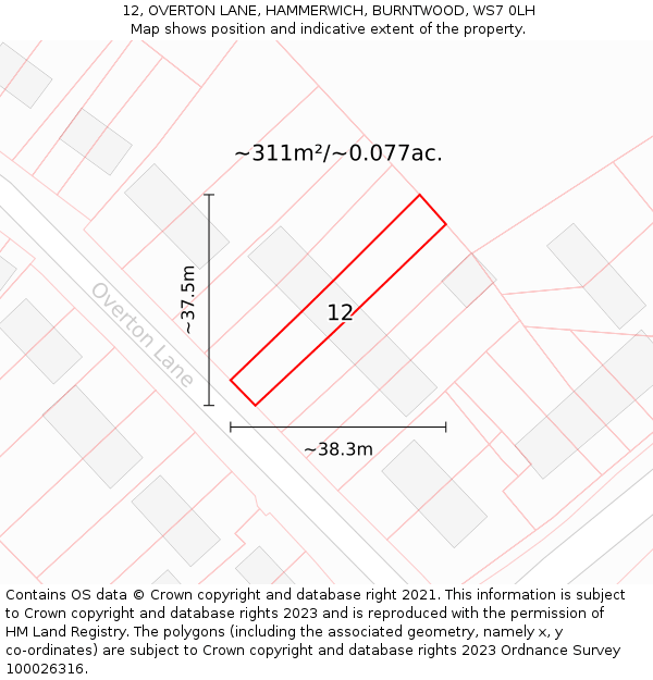 12, OVERTON LANE, HAMMERWICH, BURNTWOOD, WS7 0LH: Plot and title map