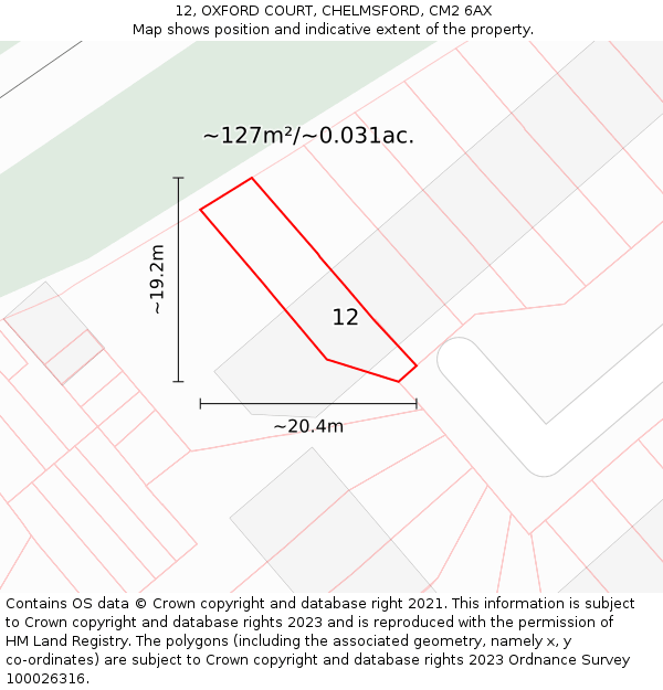 12, OXFORD COURT, CHELMSFORD, CM2 6AX: Plot and title map