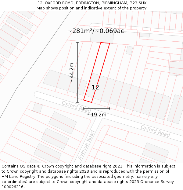 12, OXFORD ROAD, ERDINGTON, BIRMINGHAM, B23 6UX: Plot and title map