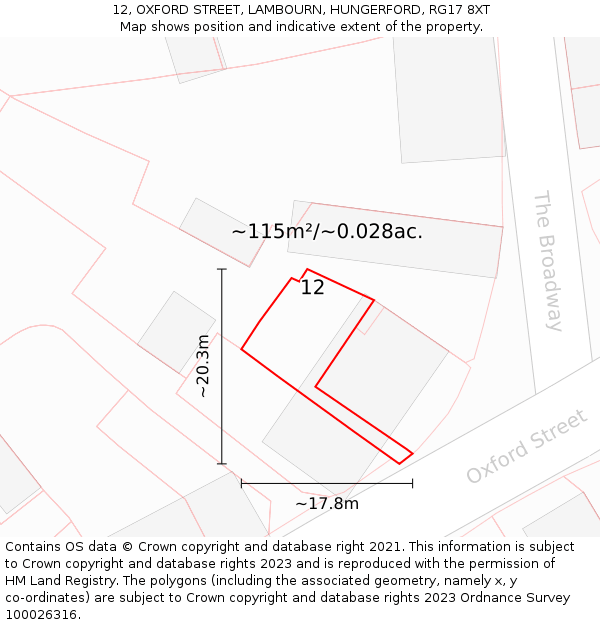 12, OXFORD STREET, LAMBOURN, HUNGERFORD, RG17 8XT: Plot and title map