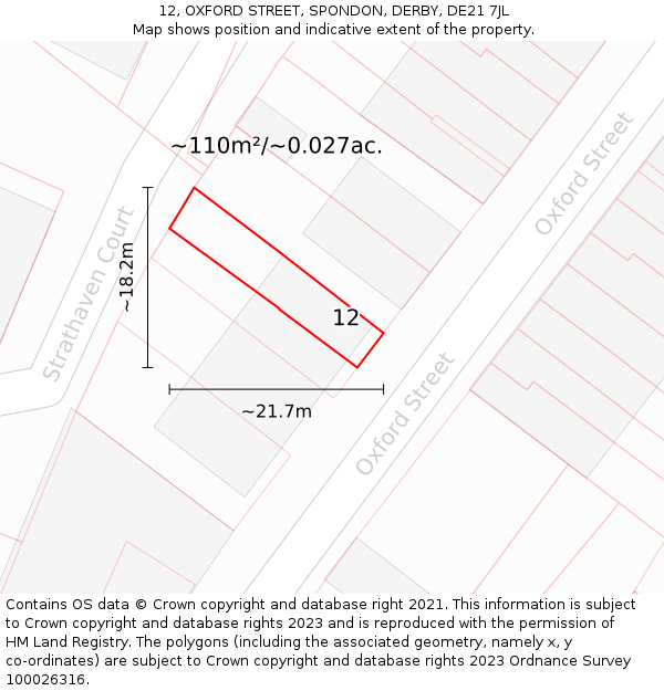 12, OXFORD STREET, SPONDON, DERBY, DE21 7JL: Plot and title map