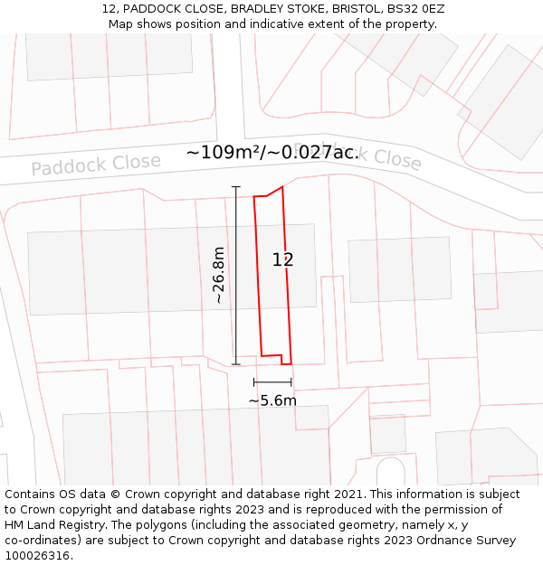 12, PADDOCK CLOSE, BRADLEY STOKE, BRISTOL, BS32 0EZ: Plot and title map