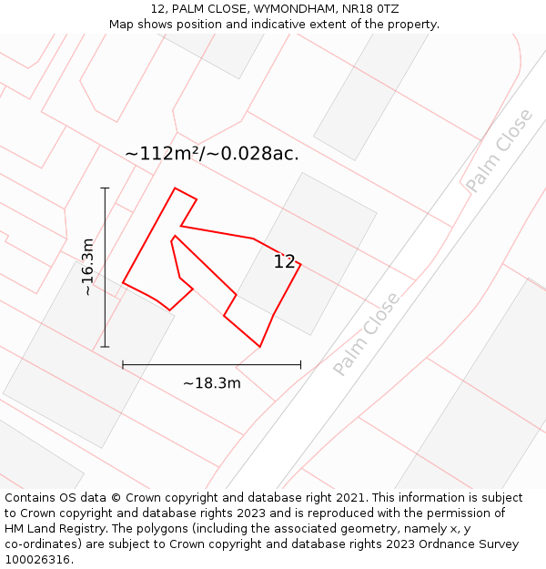 12, PALM CLOSE, WYMONDHAM, NR18 0TZ: Plot and title map
