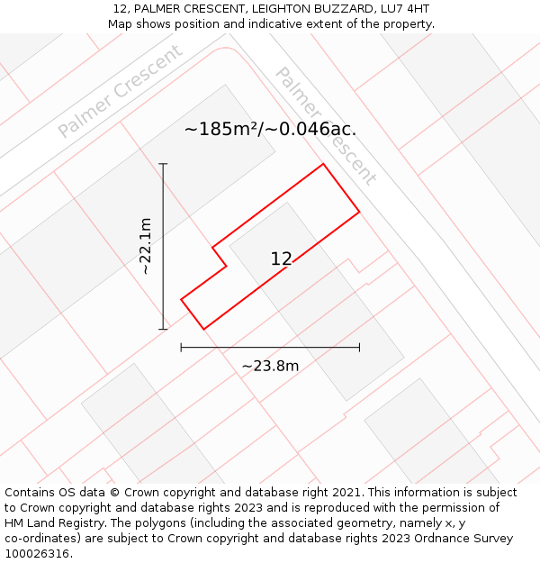 12, PALMER CRESCENT, LEIGHTON BUZZARD, LU7 4HT: Plot and title map