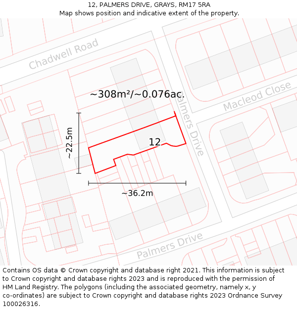 12, PALMERS DRIVE, GRAYS, RM17 5RA: Plot and title map