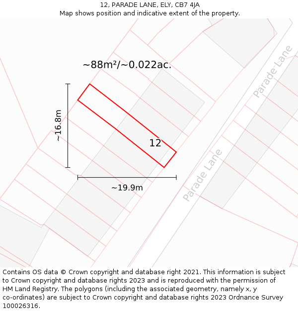 12, PARADE LANE, ELY, CB7 4JA: Plot and title map