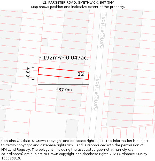 12, PARGETER ROAD, SMETHWICK, B67 5HY: Plot and title map