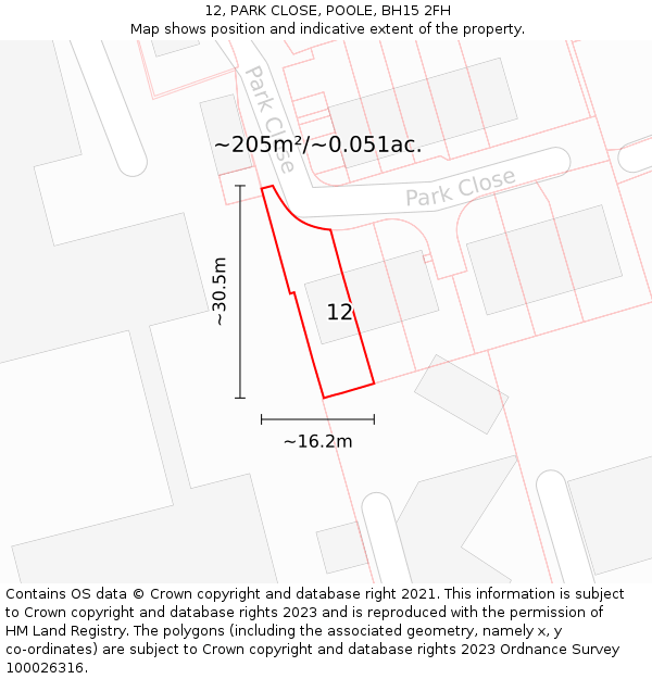 12, PARK CLOSE, POOLE, BH15 2FH: Plot and title map