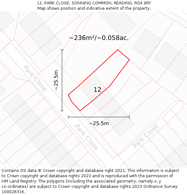 12, PARK CLOSE, SONNING COMMON, READING, RG4 9RY: Plot and title map