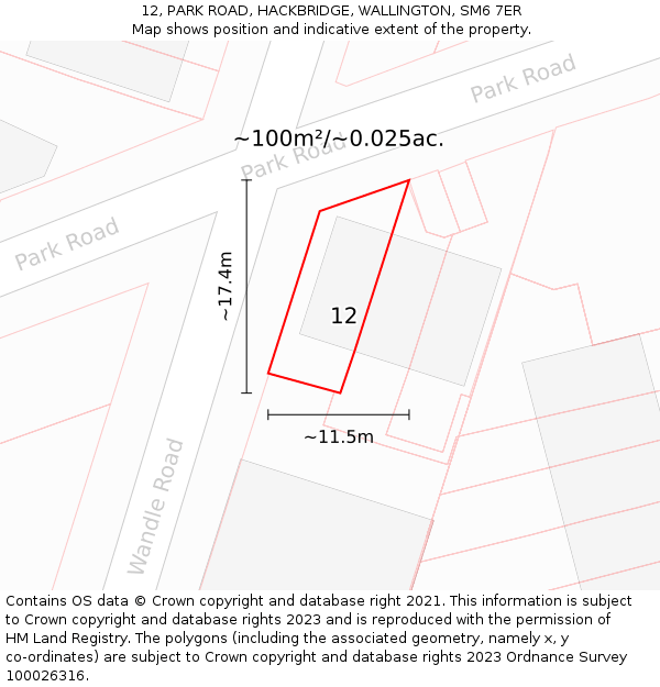 12, PARK ROAD, HACKBRIDGE, WALLINGTON, SM6 7ER: Plot and title map