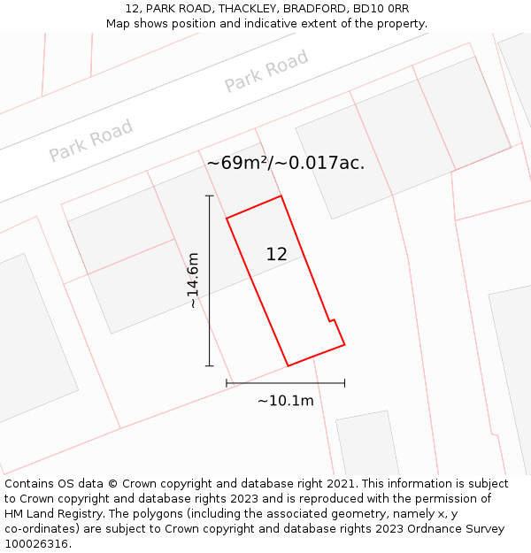 12, PARK ROAD, THACKLEY, BRADFORD, BD10 0RR: Plot and title map