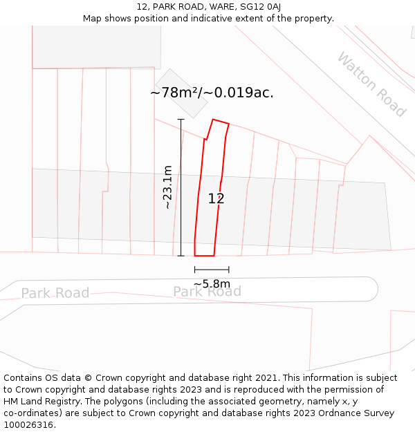 12, PARK ROAD, WARE, SG12 0AJ: Plot and title map