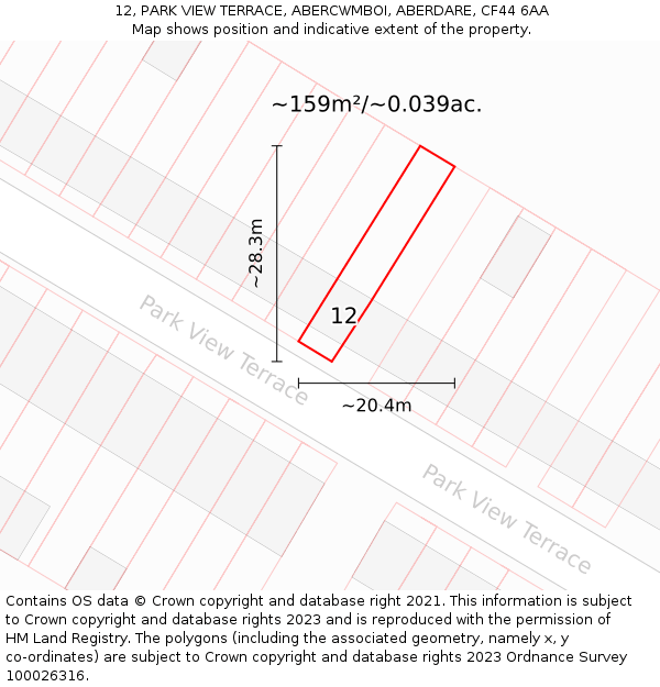 12, PARK VIEW TERRACE, ABERCWMBOI, ABERDARE, CF44 6AA: Plot and title map