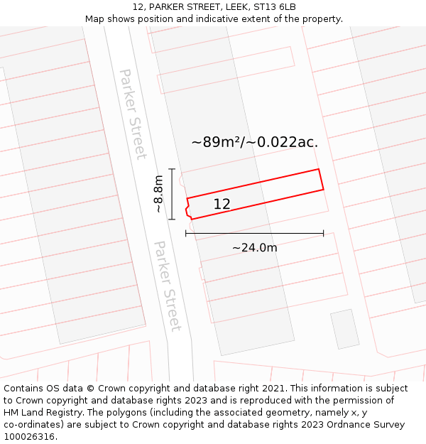 12, PARKER STREET, LEEK, ST13 6LB: Plot and title map