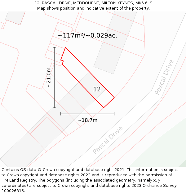 12, PASCAL DRIVE, MEDBOURNE, MILTON KEYNES, MK5 6LS: Plot and title map